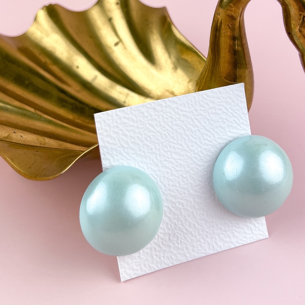 Vintage 80s Green Faux Pearl Large Bold Statement Clip On Earrings